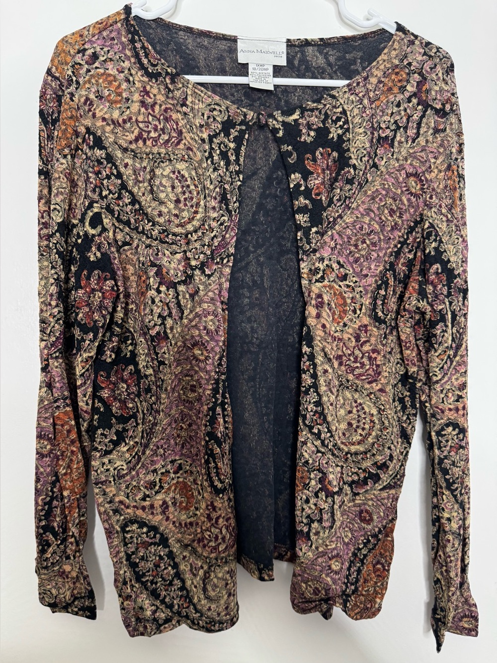 Anna Maxwell Black Paisley Open-Front Blouse size 1x petite stretch